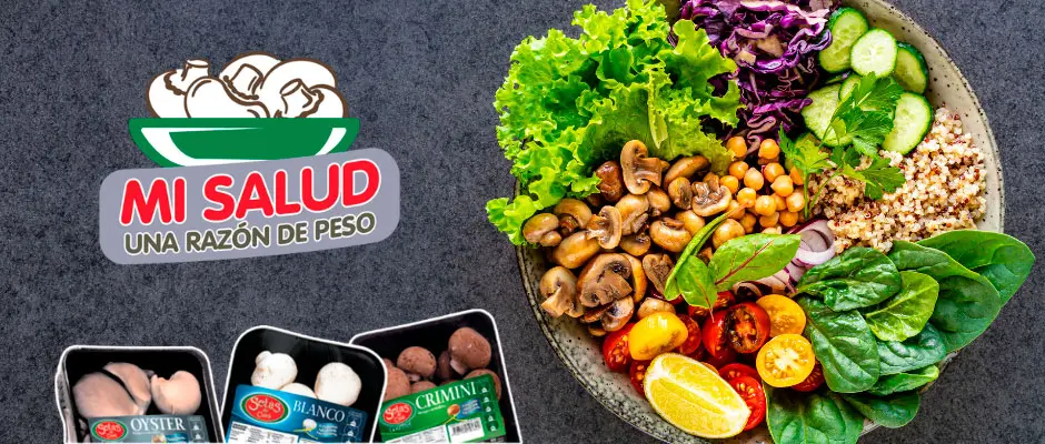 En un plato se observan: Quinua, diferentes tipos de lechuga, pepino, repollo, tomate, limón y champiñones Setas de Cuivá. Mi salud, una razón de peso.