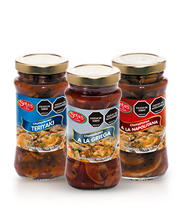 3 tarros de vidrio de champiñones en salsa de Setas de Cuivá: Teriyaki, A la Griega