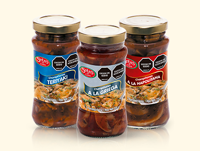 3 recipientes de vidrio de champiñones en salsa de Setas de Cuivá: Teriyaki, A la Griega