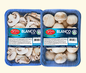 Champiñón Blanco Tajado y Entero de Setas de Cuivá, en empaques PET azul