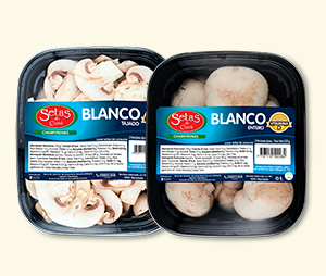 Champiñón Blanco Tajado y Entero de Setas de Cuivá, en empaques PET negro