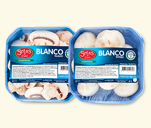 Champiñón Blanco Tajado y Entero de Setas de Cuivá, en empaques PET azul
